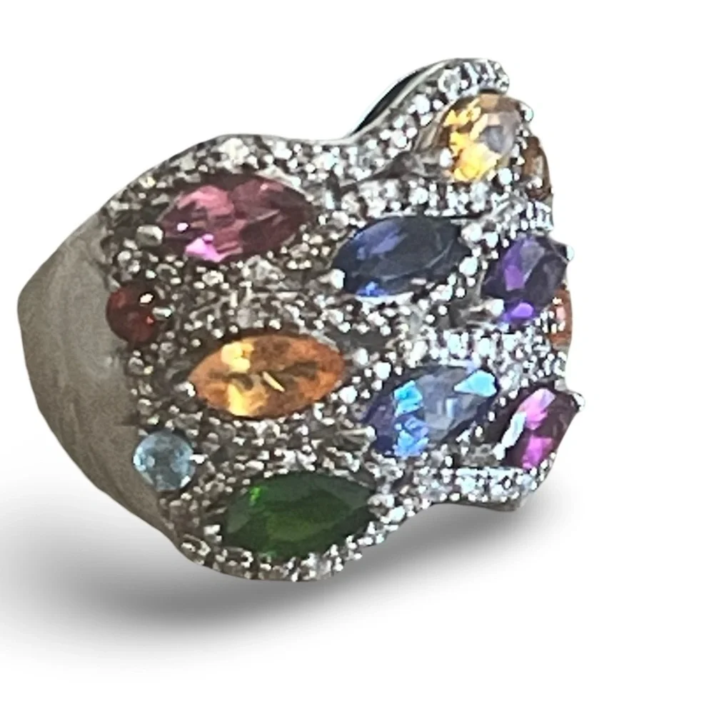 Multi-Color Marquis Cut Gemstone Sterling Silver STS Cocktail Ring Size 8